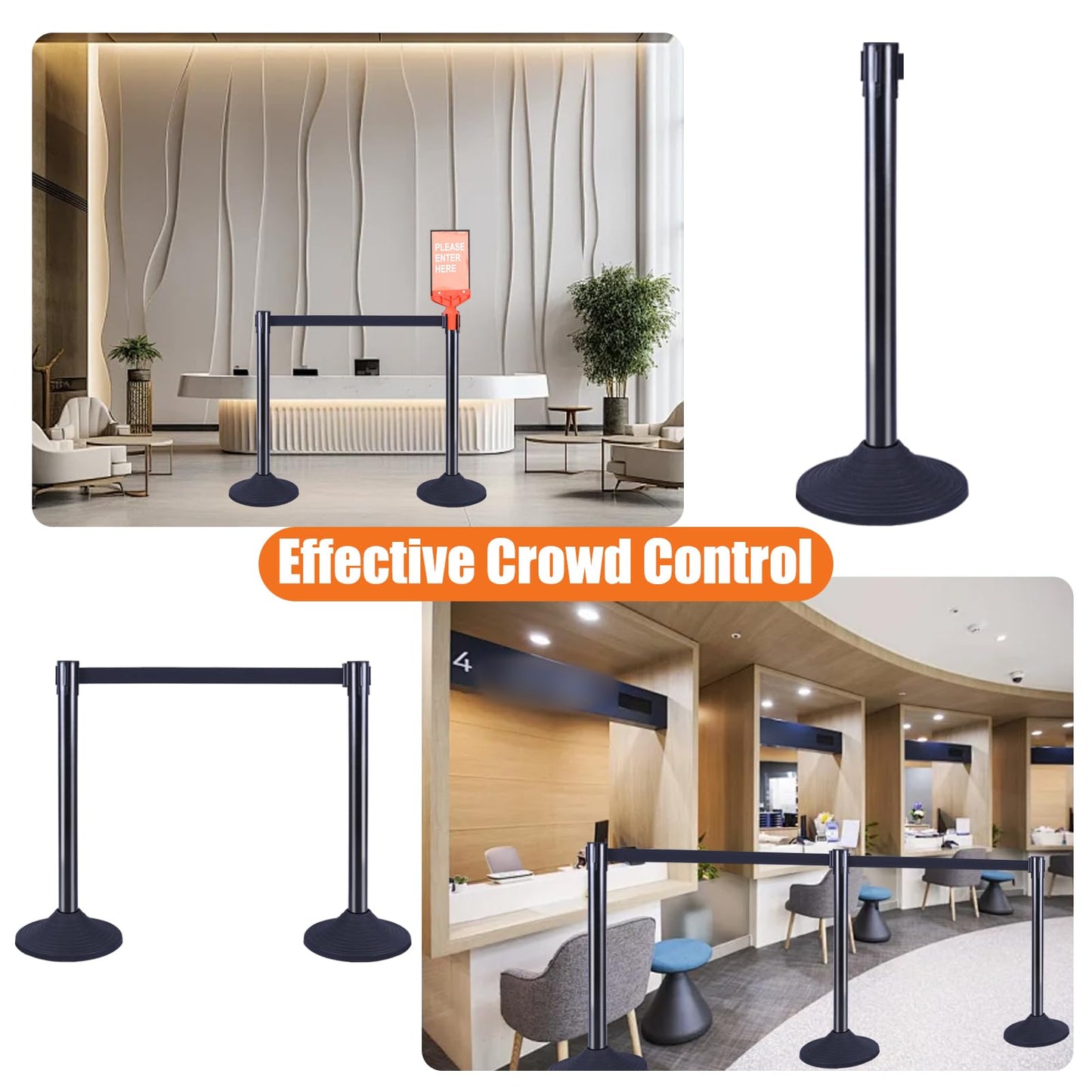 VILMON 41" Black Crowd Control Stanchion Set, Stable Heavy-Duty Rubber Base with 10 Feet Retractable Belt Crowd Control Barriers, Retractable stanchions for Outdoor Safety (6 Pack)