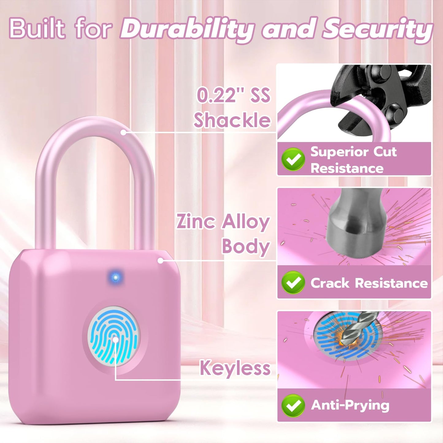 Fingerprint Padlock,Smart Padlock APP Control,Fingerprint Locker Lock,Gym Lock USB Rechargeable for Gym Locker,Locker, School,Storage Pink
