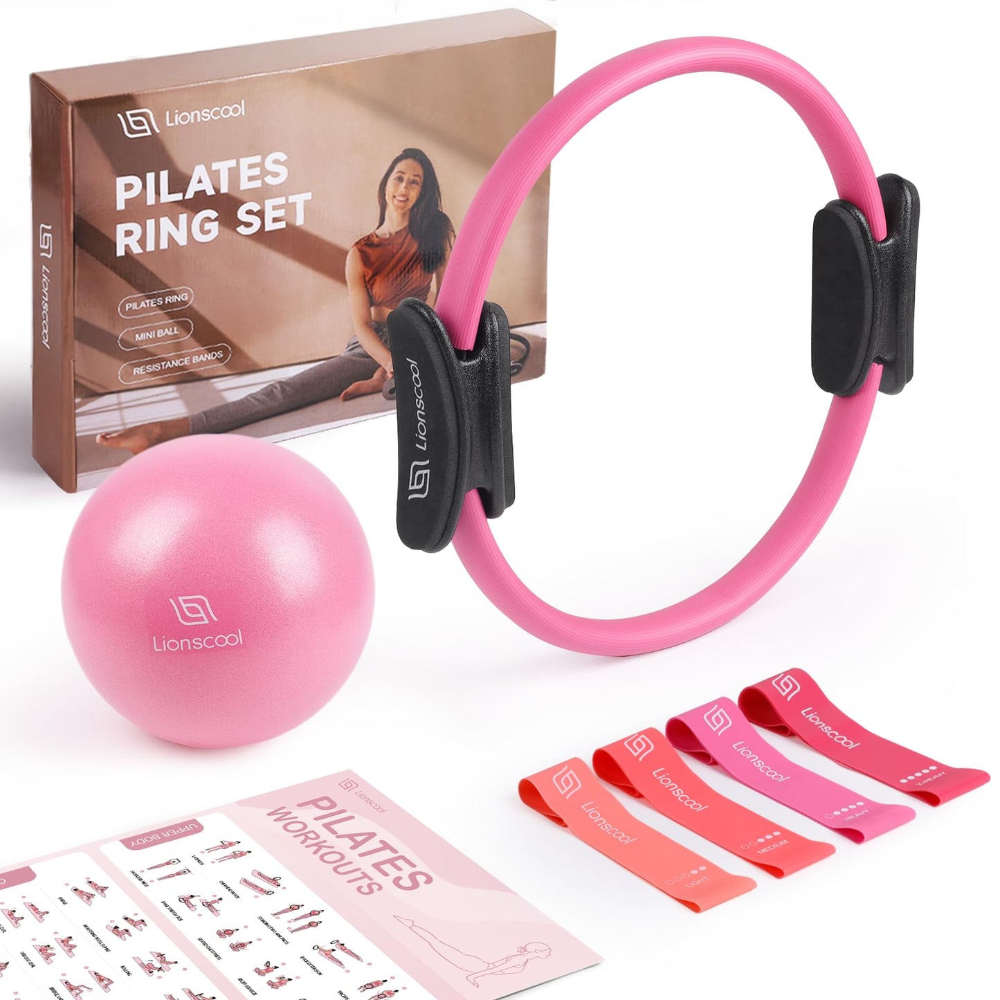 LIONSCOOL Pilates Ring Set (Pink) - 14" Anti-Deformation Magic Circle with Padded Handles, 9" Mini Ball, Elastic Latex Resistance Bands, Guide & Bag