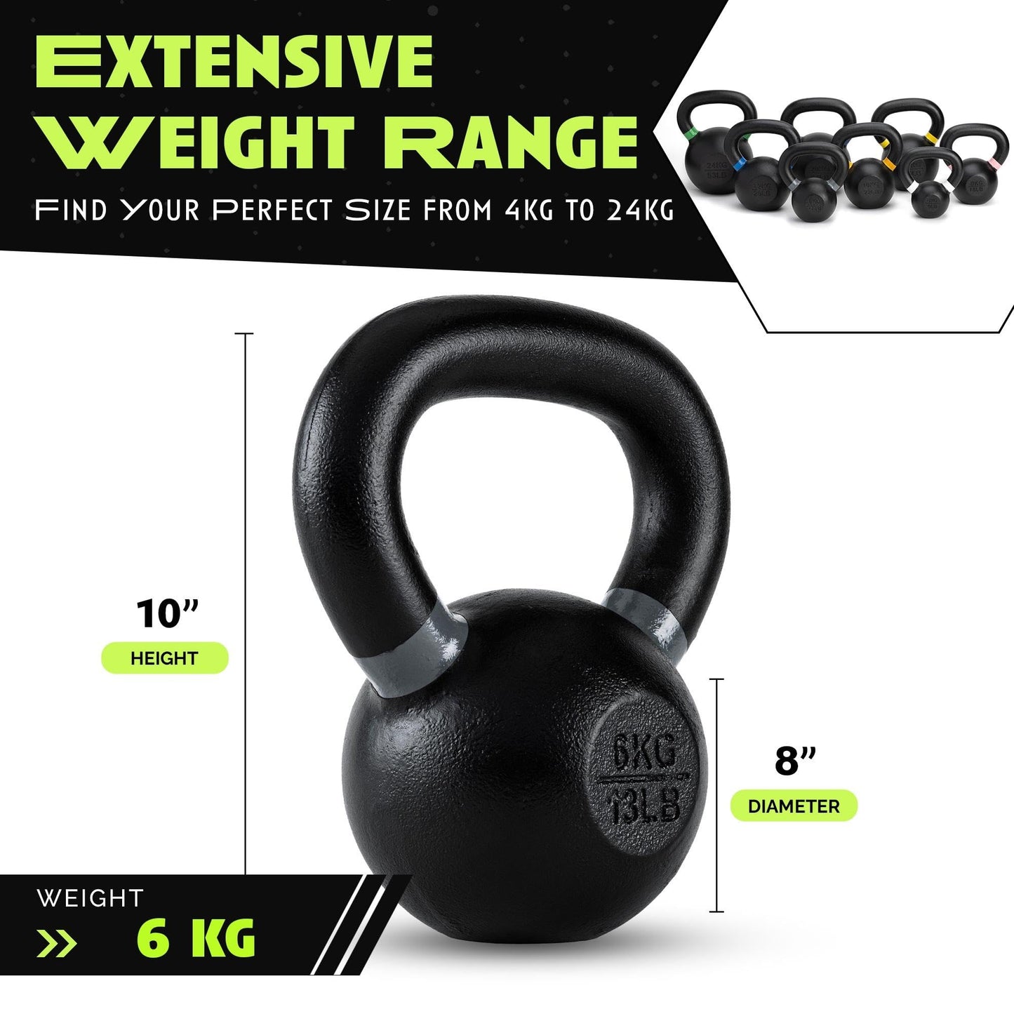 Rage Fitness 6 KG (13lbs) Kettlebells, Single-cast Iron, No-welded Joints, Wide Handle, Strength Training Kettlebells, Cast Iron Kettlebell Set, Powder Coated Kettlebell Weights For Men & Women