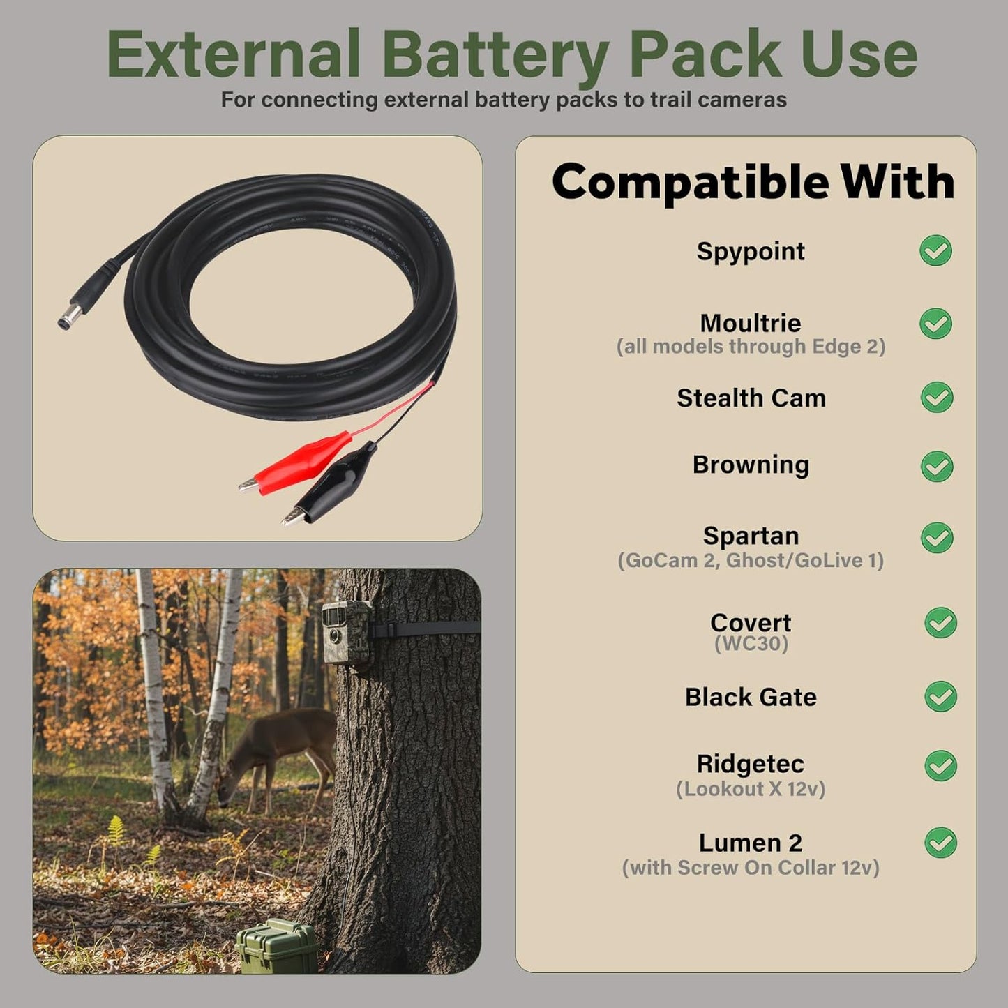KSK 79-inch (2 Pack Clips,5.5x2.1mm Trail Camera Power Cord with Alligator DC External Power Cable,Compatible