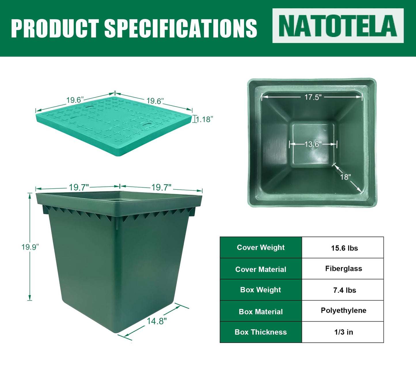 Natotela 20x20x20in Underground Splice Boxes W/FRP Inspection Lid Large Enclosure Pit Precast Polyethylene Distribution Pull Box Access Electrical Junction Drillable Tapered Wiring Cable Chamber