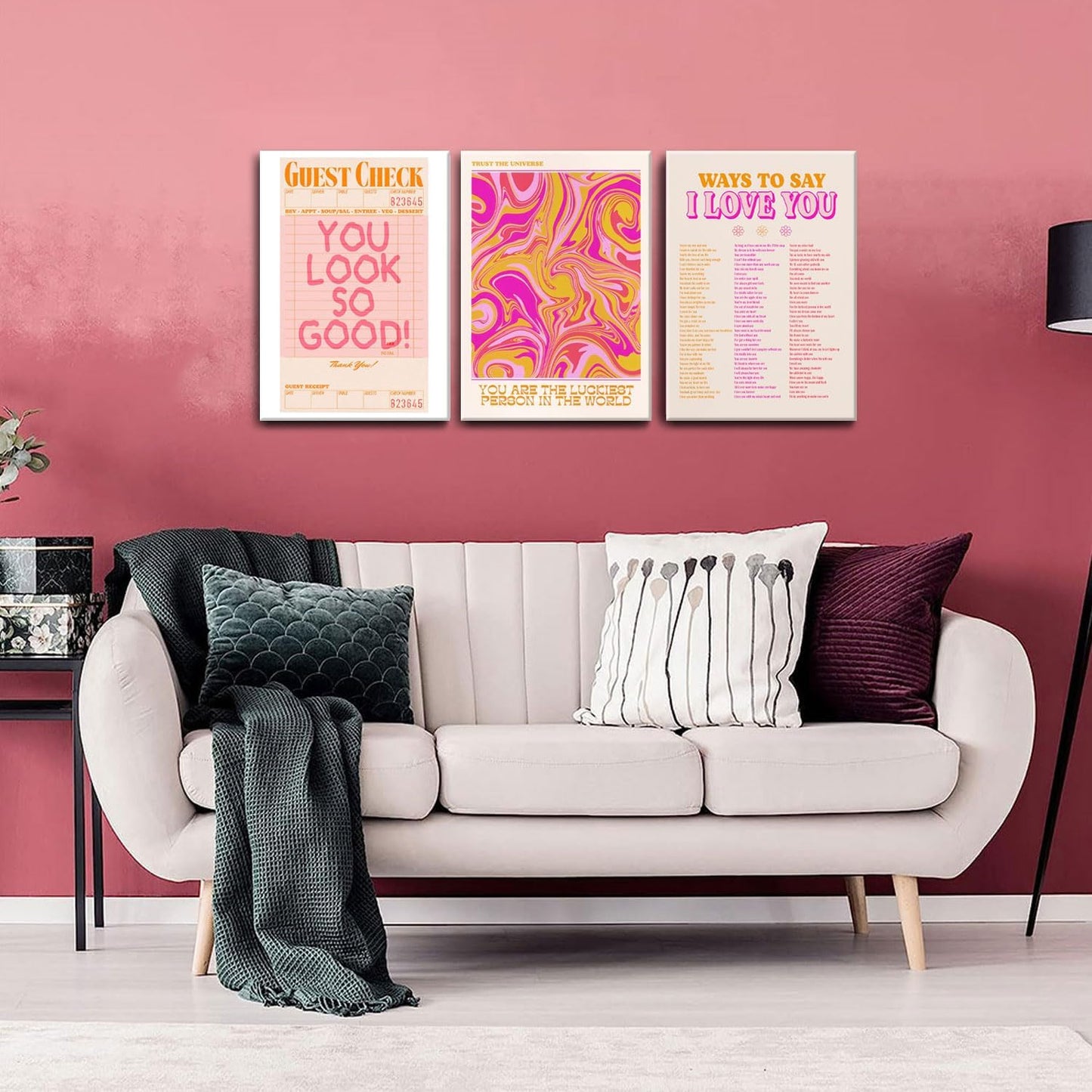 Pink Wall Decor - Canvas Art Set of 3 | Abstract Love Posters | Unique Framed Room Decor for Teens - 12x16''