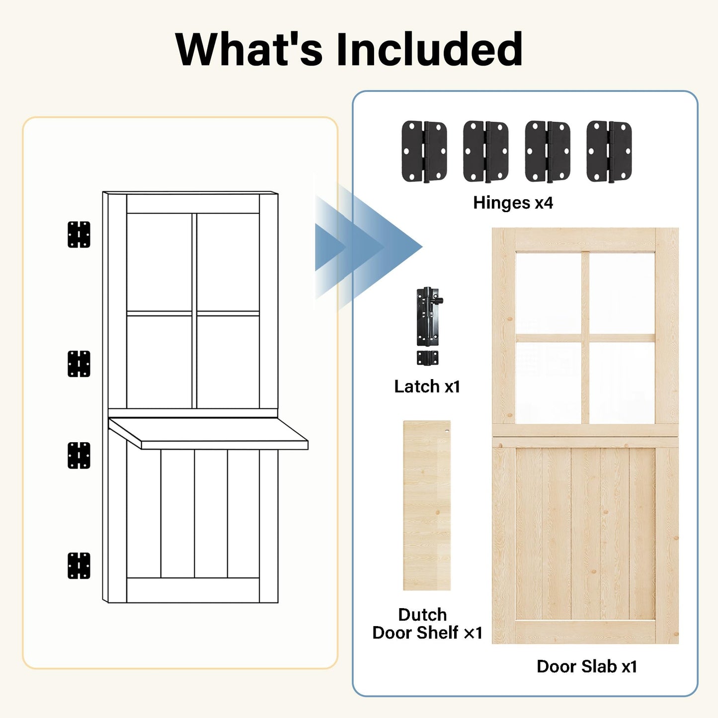 Floating Wood Shelves Dutch Door, 1.75" Pine with 4-Lite Glass Split Half Door for Exterior Front Entry, Patio Doorway & Interior Pantry/Back w/ 32" x 80" Doors Slab+1 Shelf+4 Hinges+1 Latch