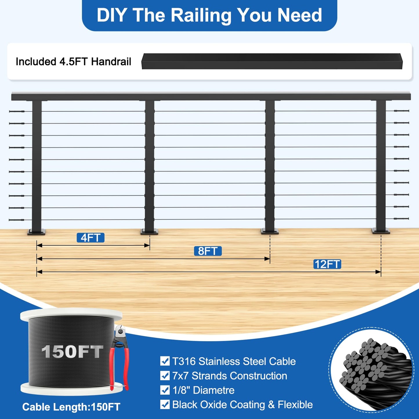 PLANTOP 4.5ft Complete Set 36" Cable Railing Post with Handrail Cuttable, 2 Pack Surface Mount Flact Top Level-Drilled Posts, 150ft 1/8" Wire Rope, Swageless Black Cable Railing System Kit, MY20-LP