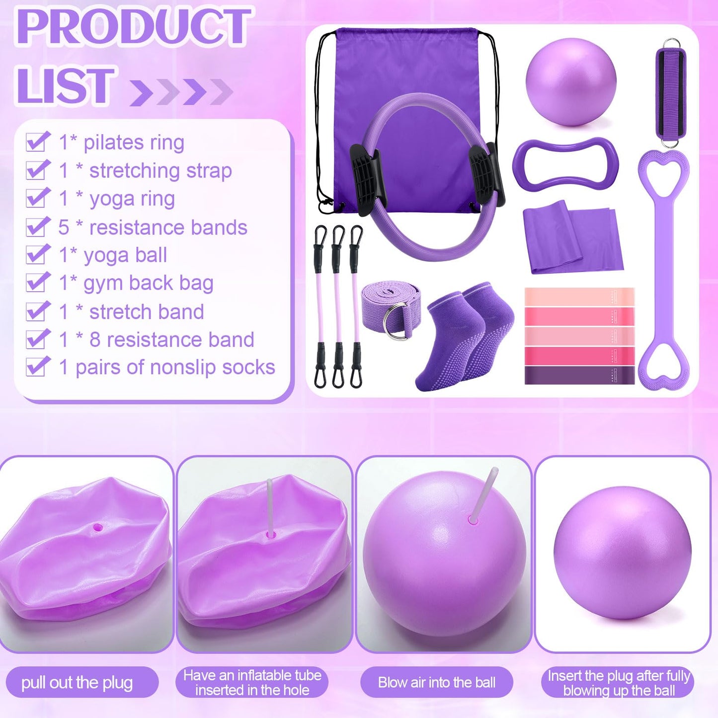 RoundFunny Pilates Ring Circle Set 18 Pcs Exercise Equipment Accessories for Women Workouts Pilates Ball Stretching Strap Magic Circle Yoga Ring Gym Back Bag Resistance Band Anti Slip Socks (Purple)