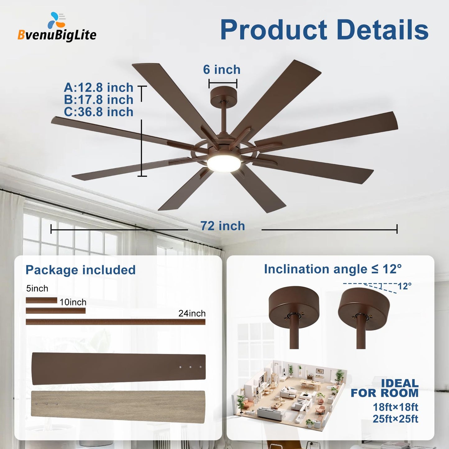 BvenuBigLite Large Ceiling Fans with Lights: Modern 72 Inch 8 Blade Outdoor Ceiling Fan with Remote APP Control - Dimmable Brown Big Fan light Indoor Reversible 6 Speed Quiet DC Motor