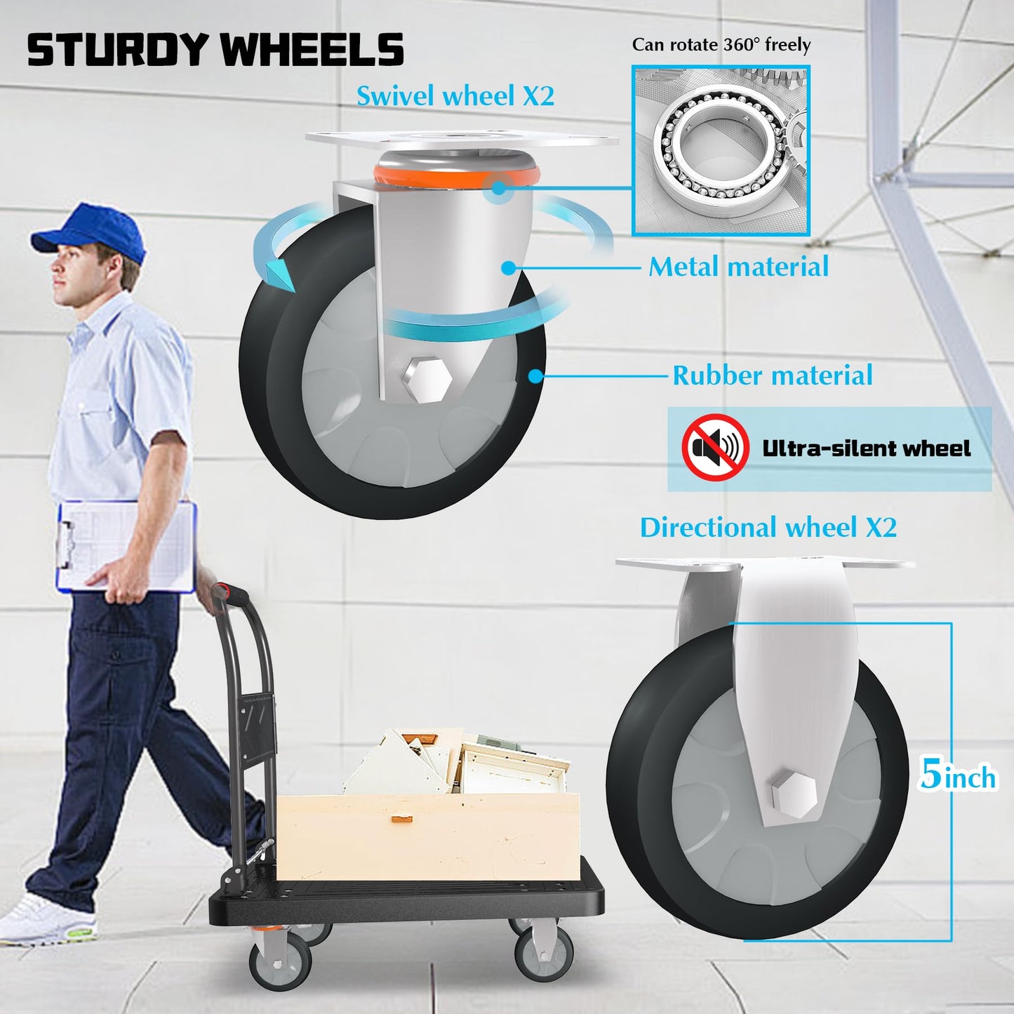 Platform Truck, Foldable Handcart with Swivel Wheel 34"x22" Heavy-Duty Push Dolly Cart,1000lbs Capacity, 6 Steel Load-Bearing Beams for Warehouse Garage Home Use