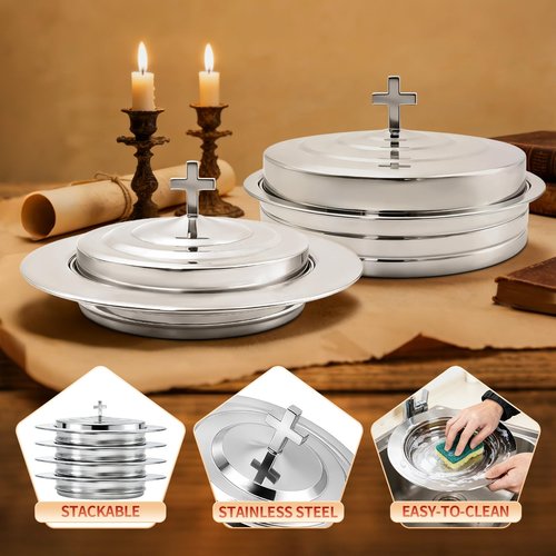 2 Pcs Silver Church Communion Set, Holy Trays & Plates with Lids, 1 Silver Communion Tray+1 Communion Plate for Church Services, Weddings & Religious Gatherings Silver (Cups Not Included)
