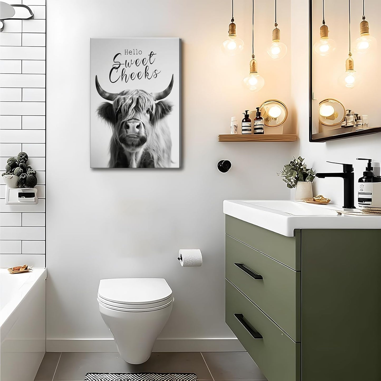 Skiennix Funny Highland Cow Wall Art - Black & White Bathroom Decor | 16x24in Framed Print