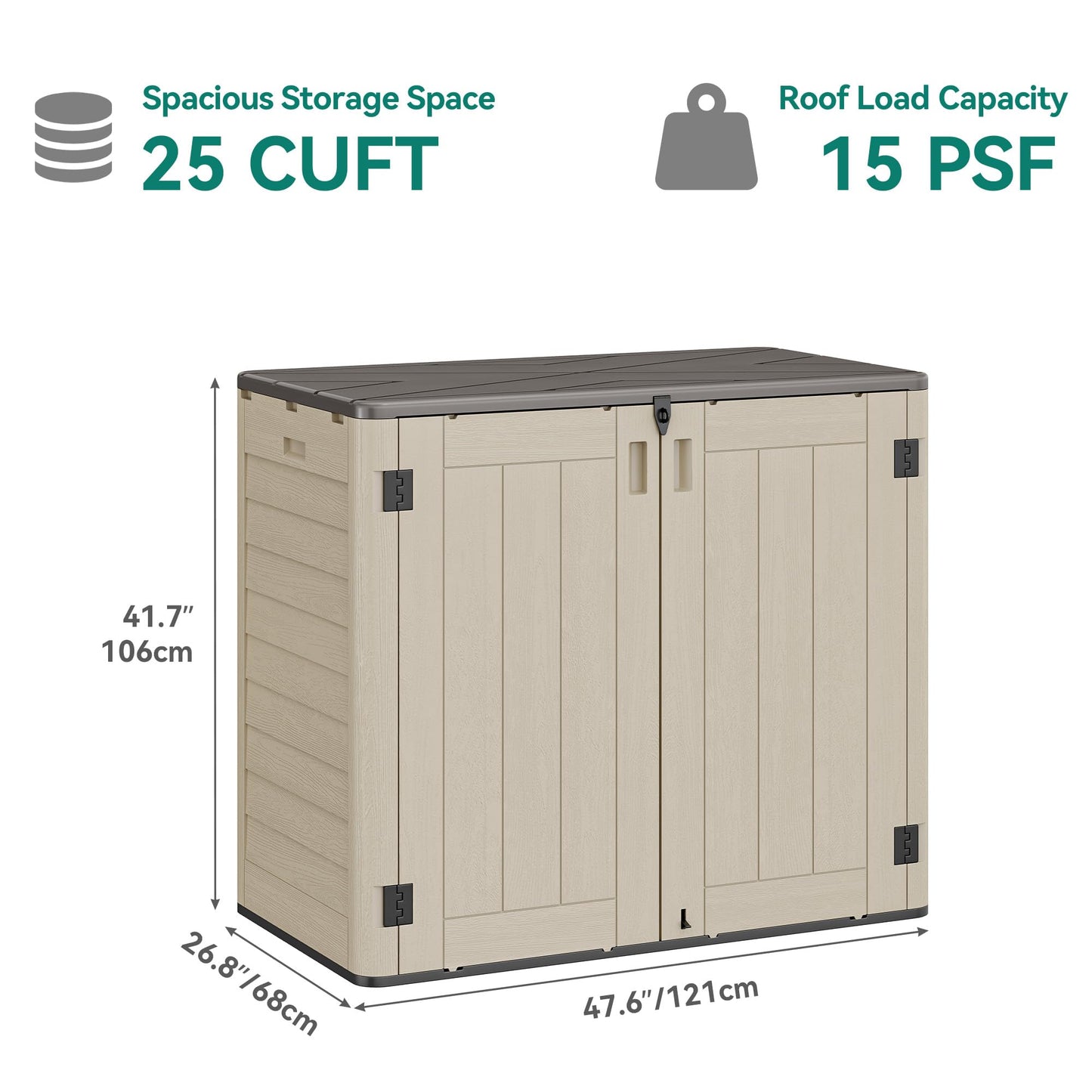 YITAHOME 30 cuft Outdoor Storage Shed w/o Shelf, Horizontal Storage Cabinet for Garden Tool, Waterproof Storage Shed Plastic for Garage, Resin Pool Storage, Easy to Assemble, Khaki & Brown