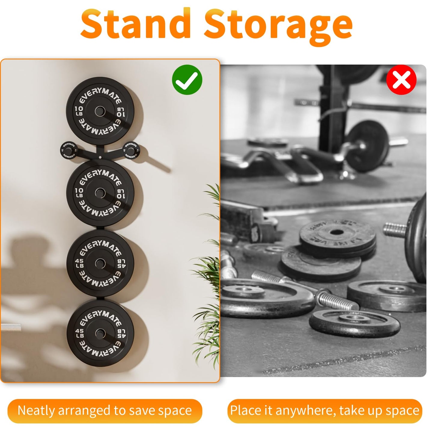 EVERYMATE Weight Plate Storage Rack, Wall Mounted Weight Plate Holder, Bumper Plate Storage for Home Gym, Heavy Weight Plates Holder Fit 2"Plates (6peg)