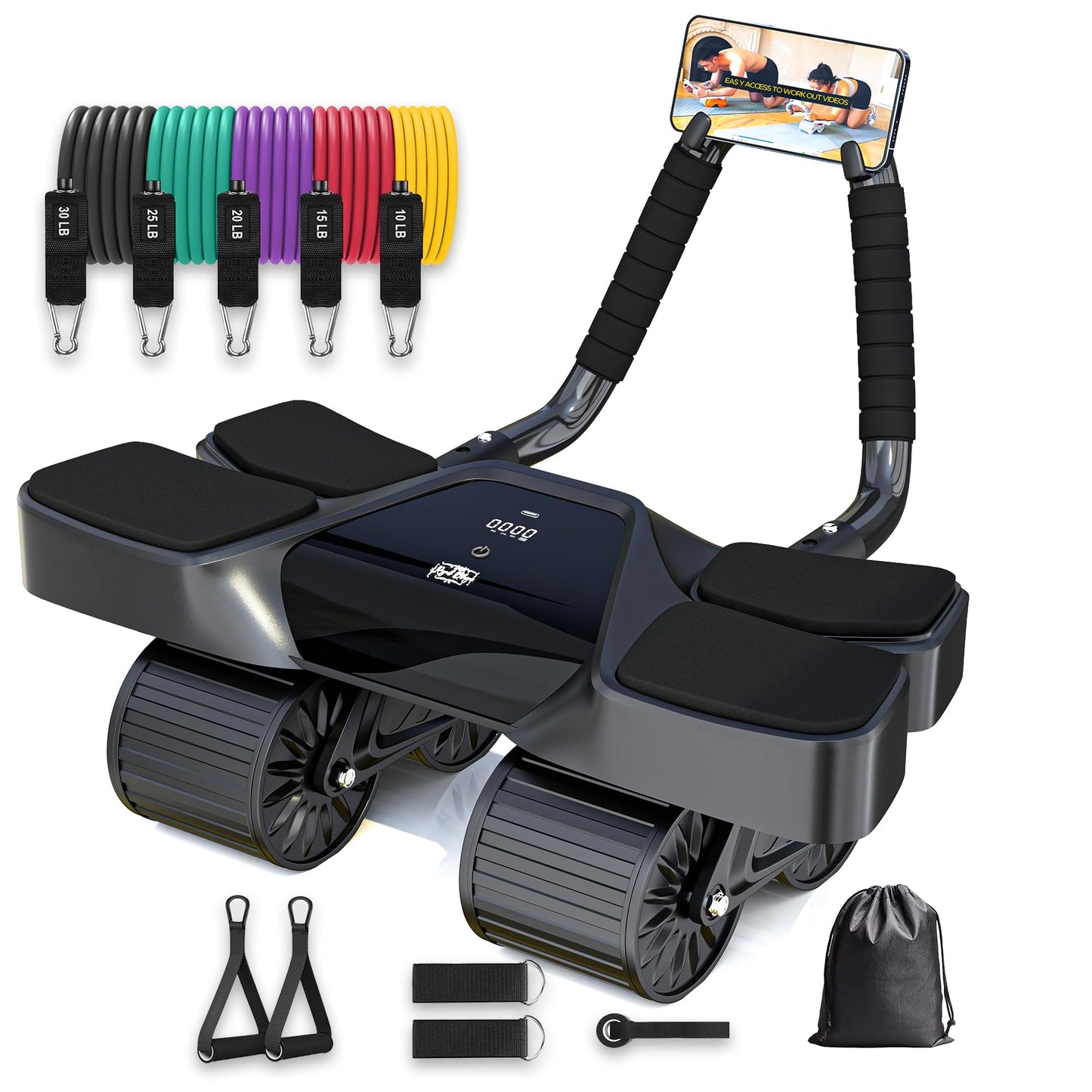 Ab Roller Home Gym Equipment – 4 Wheels Ab Wheel Muscle Roller, 5Pcs Resistance Bands, Ankle Straps, Door Anchor, Handles, Travel Bag– Comfortable Elbow Support with Non-Slip Handles