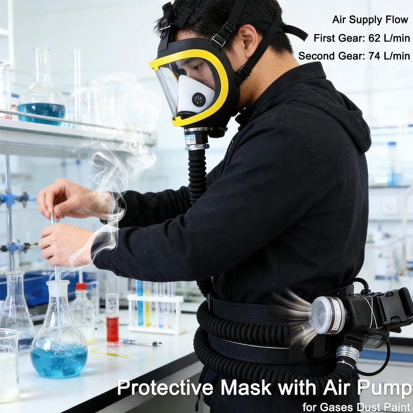 YILIKISS Full Face Respirator, Protective Mask with Air Pump for Gases Dust Chemicals Paint， Powered Respirator, 110ma-300ma 62 L/min 74 L/min Air Supply Flow