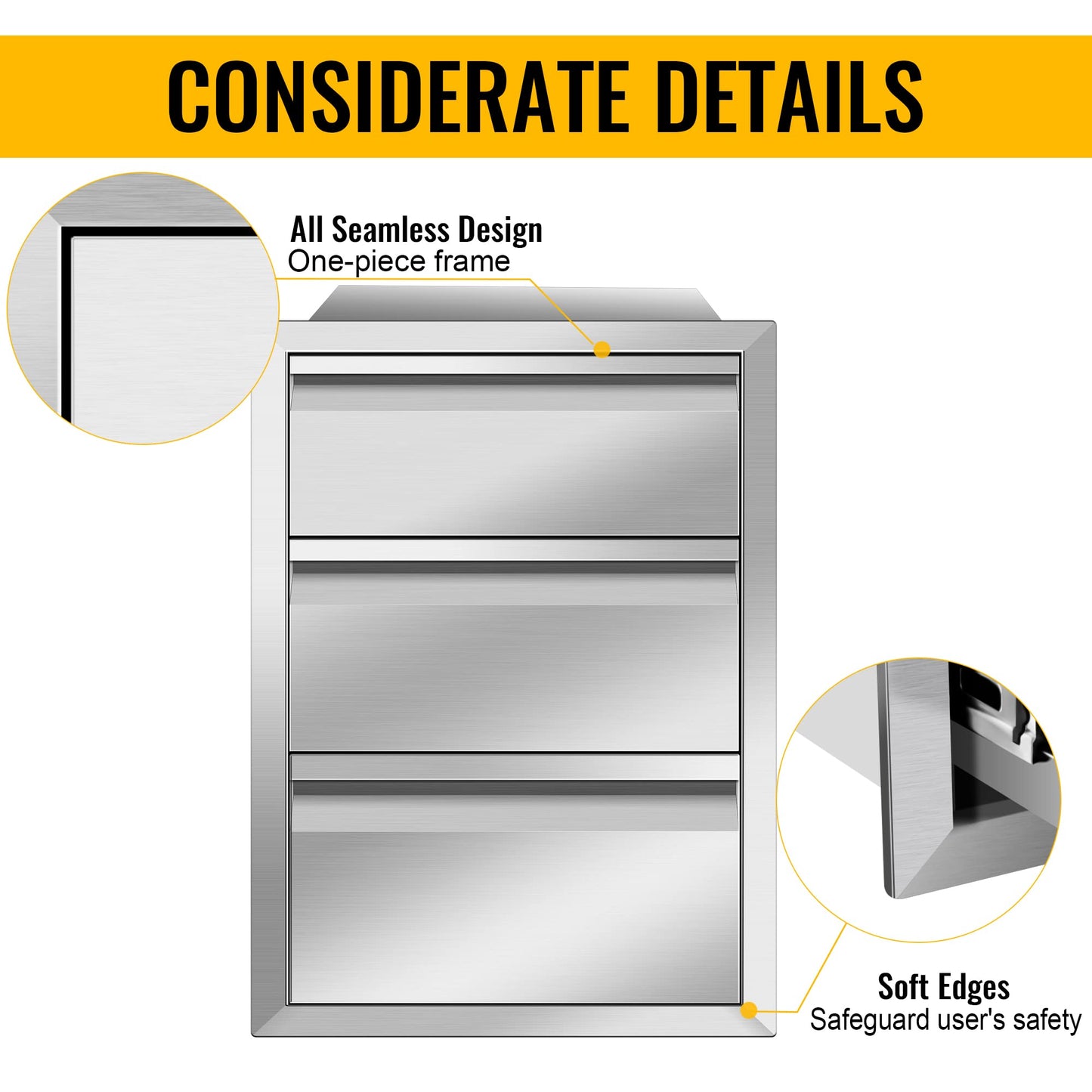 Outdoor Kitchen Drawers 16" W x 21" H x 23" D Inch Stainless Steel Flush Mount BBQ Triple Drawers for Outdoor Kitchen Island, or Patio Grill Station