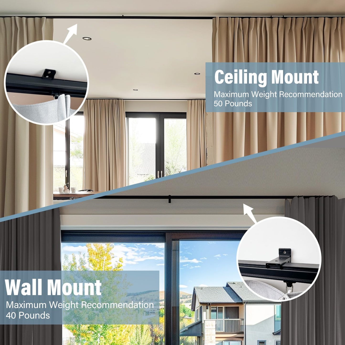 Hoeflife Curtain Track,Ceiling Curtain Track,Wall Mount Curtains Tracks,Heavy Duty Sliding Room Divider Ceiling Mount Curtains Tracks Rails Rod System with Clips 6-9ft Black