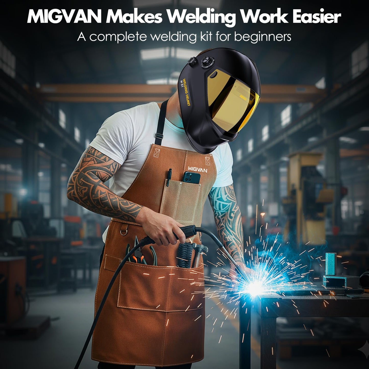 MIGVAN Welding Helmet Auto Darkening H-21, Leather MIG Welding Gloves 16 Inches, Leather MIG Welding Work Apron, Comprehensive Set Simplifies the Welding Tasks.