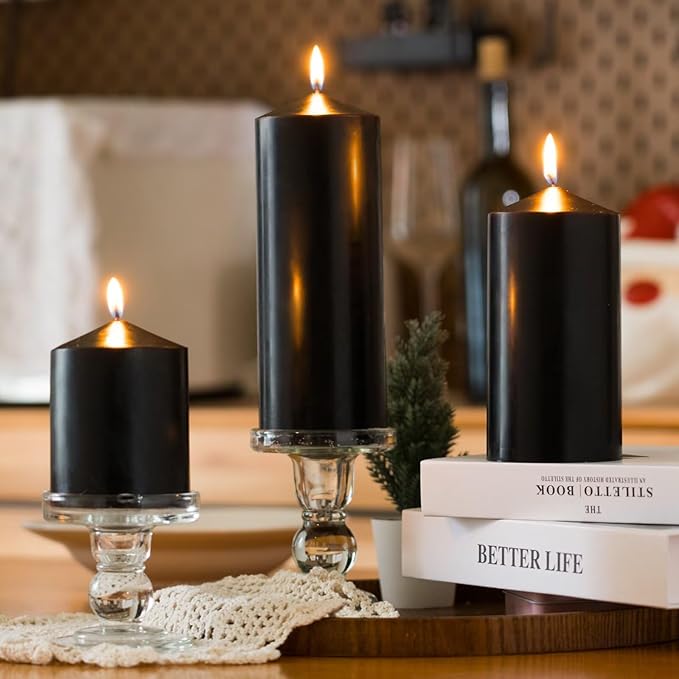 MOZEAL 3" x 4" Hand-Poured Unscented Black Pillar Candles,Dripless Candles Set of 3,Smokeless,Clean Burning,Approx 60 Hours Burn Time,Wedding,Dinner,Halloween and Home Decor（3 Inch Width Series）