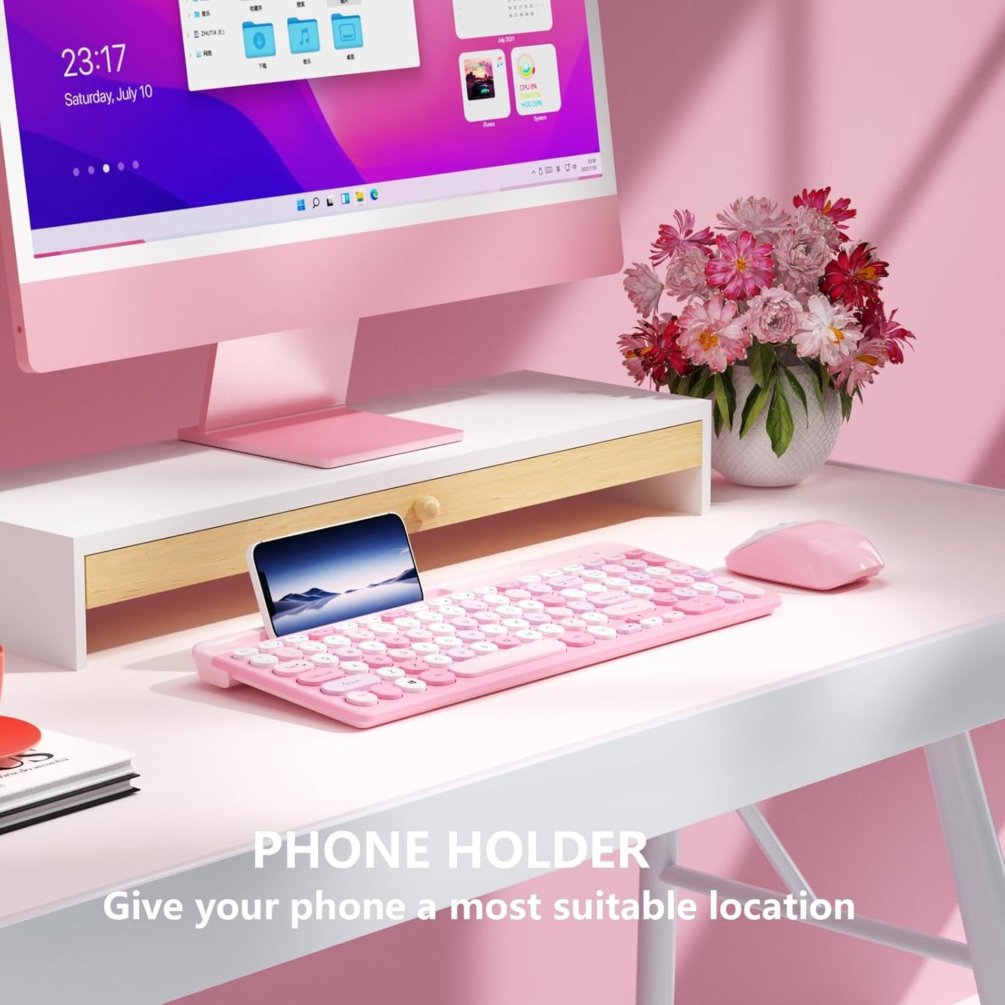 XISOGUU 2.4GHz Retro Wireless Keyboard with Round Keycaps, Full-Size USB Cute Wireless Keyboard Mouse for Computer