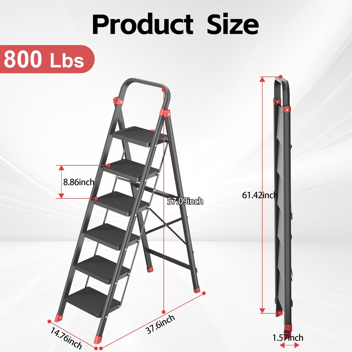 DIAMONDFORGE 6-Step Folding Step Stool Ladder with Handle, Anti-Slip Wide Pedals & Feet, 800lbs Capacity Sturdy Ladder for Home Kitchen Adults, Black Red