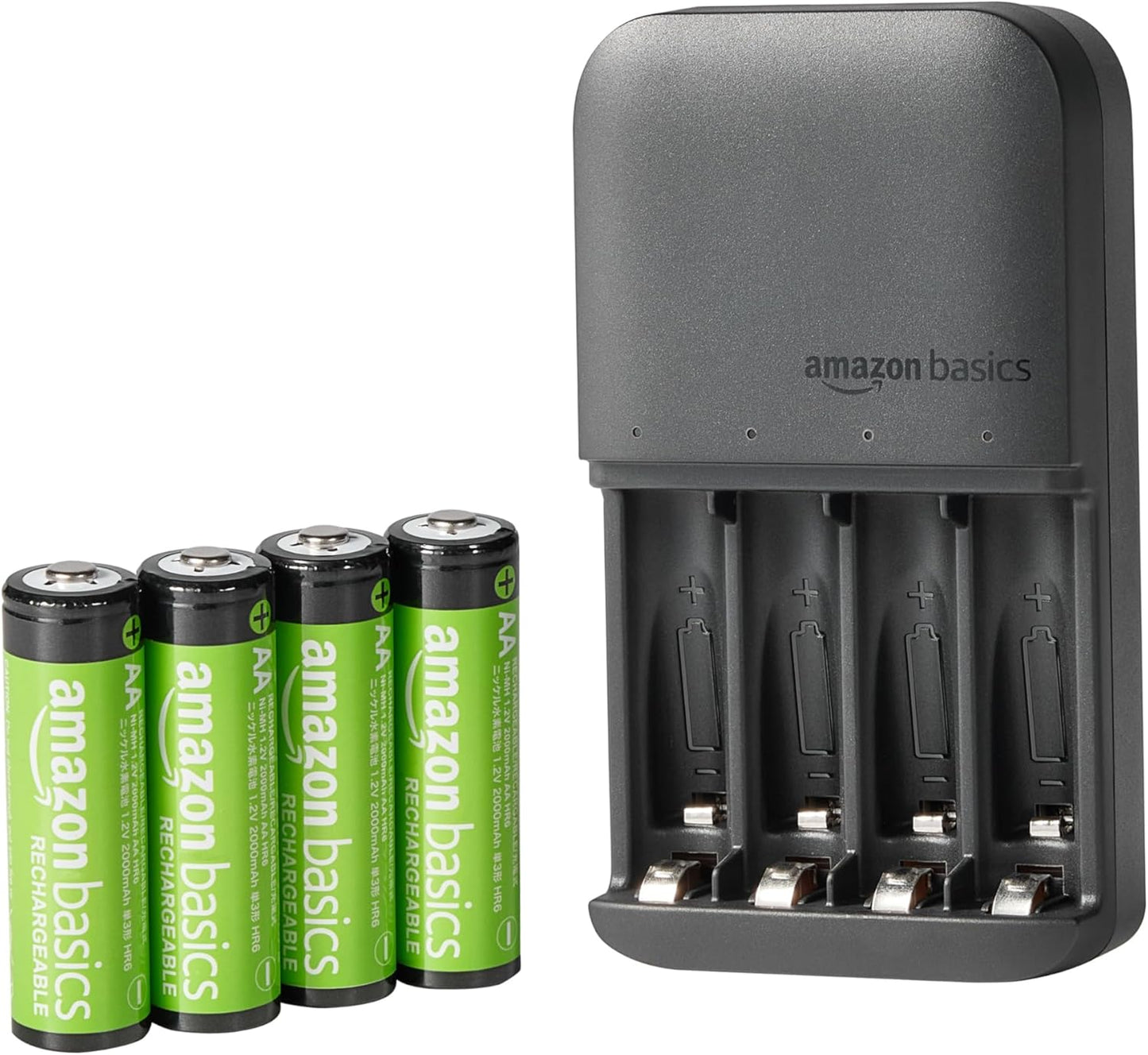 Amazon Basics 4-Bay 4 Count, Battery Charger for AA & AAA Rechargeable Batteries with Pre-Charged AA NiMh Batteries
