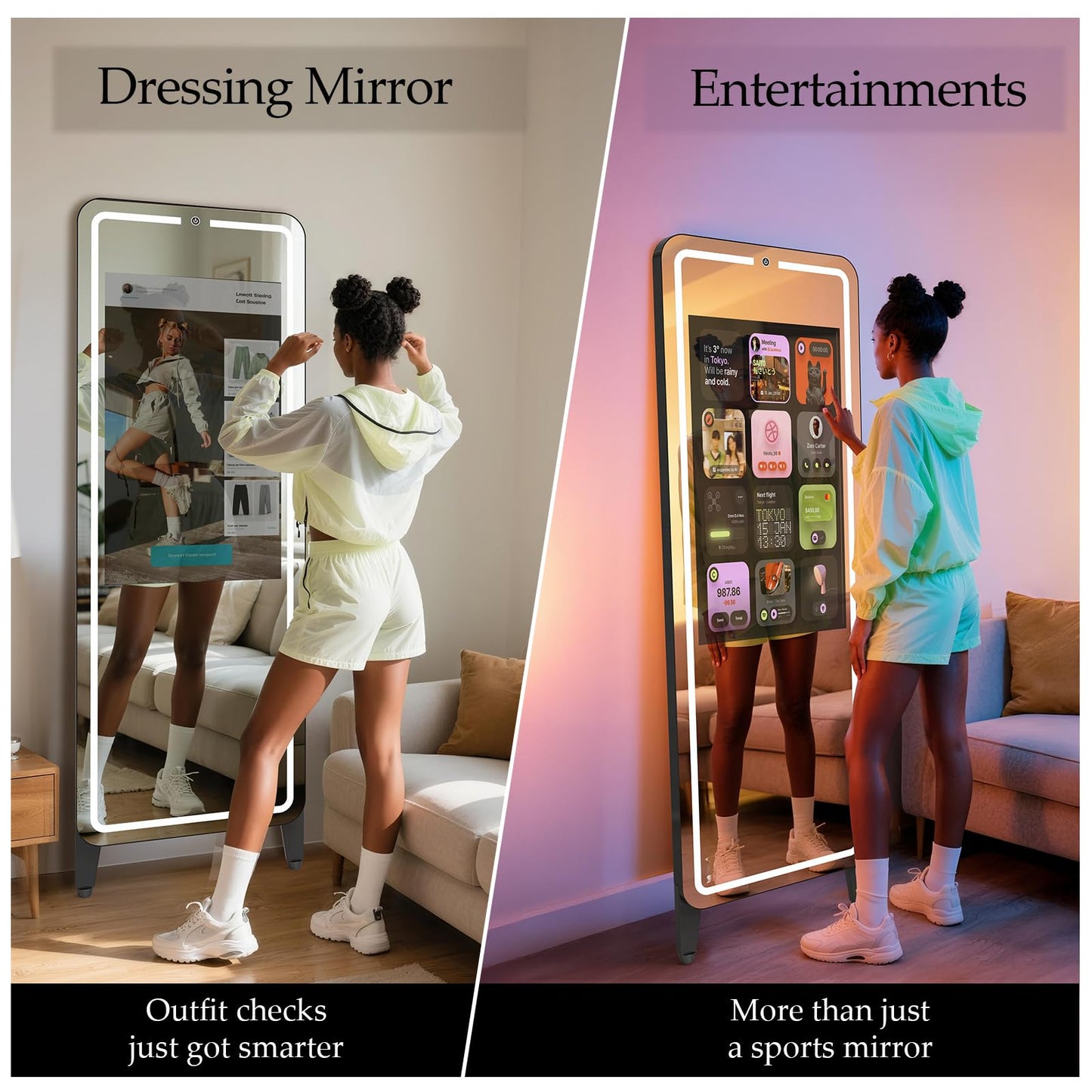 Smart Gym Mirror for Home Workout | 32" HD Touch-Screen Andriod 12 OS | 61" Reflective Surface | No VIP Fees Support Various APP, Voice Control, Music Sync LED Strip Lights, for Home Gym/ Yoga/ Dance