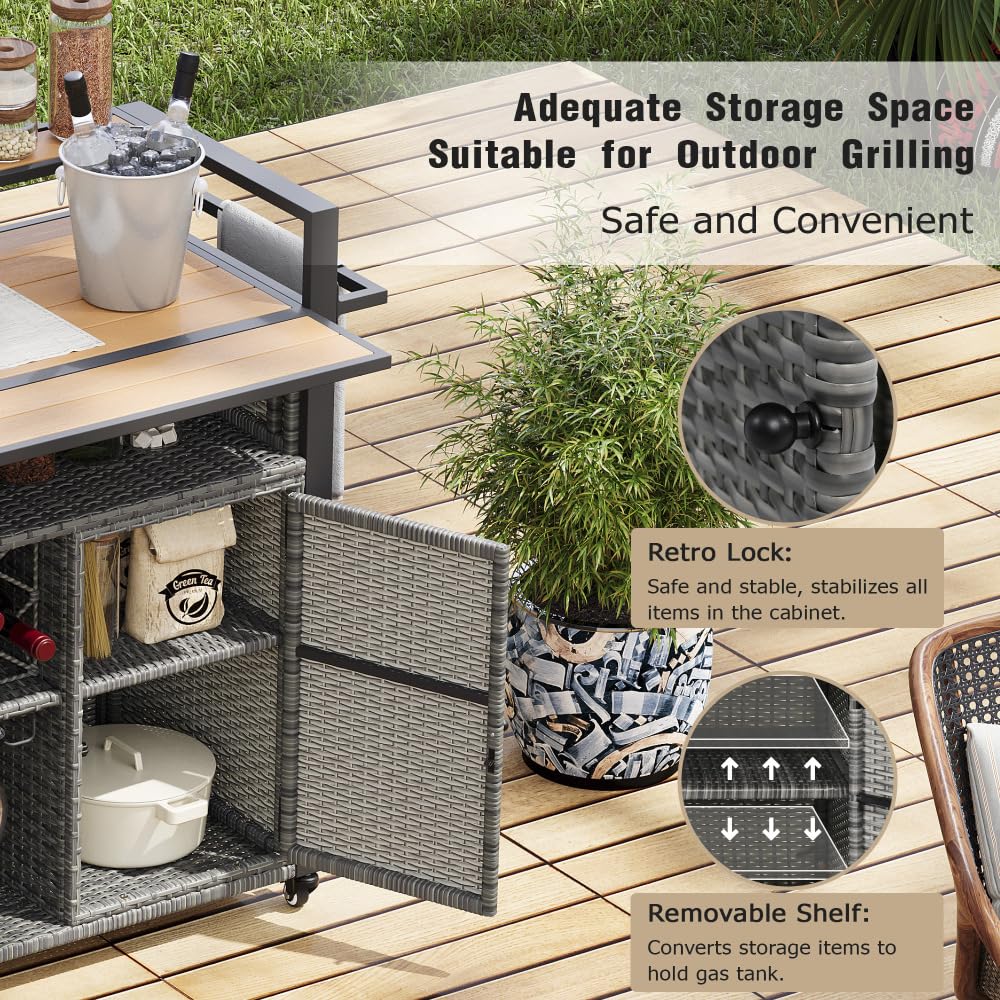 Dfchlda 52.8" Wicker Outdoor Grill Cart with Extended Plastic Wood Table Top, Rolling Kitchen Island with Storage Cabinet, Double Handle Design for Patio, Backyard, Garden, Poolside(Grey)