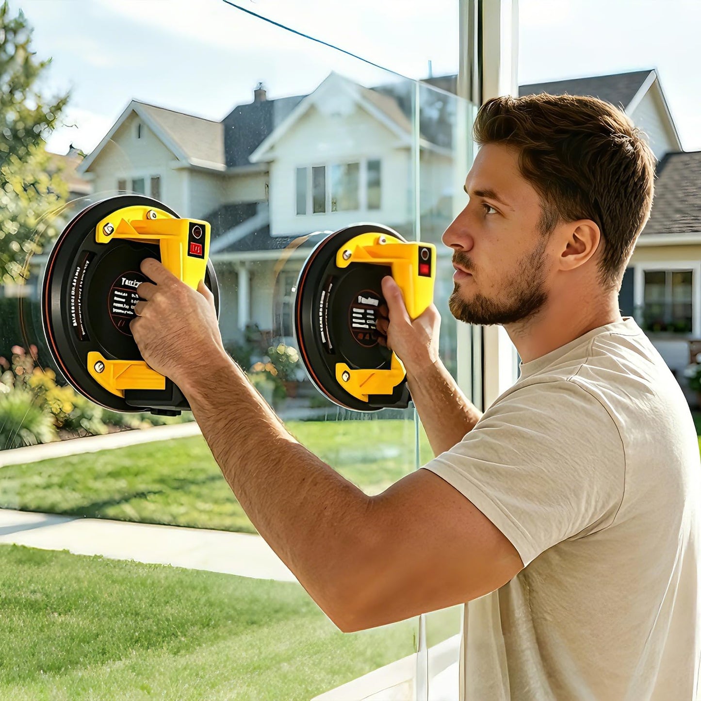 Electric Tile Suction Cups Lifter Tool Suction Cup for Glass 8" Heavy Duty 680 Lbs Battery Powered with 4X 2400mAh Batteries, Auto Start Pump, for Lifting Large Glass, Tile, Granite, Metal, Floor
