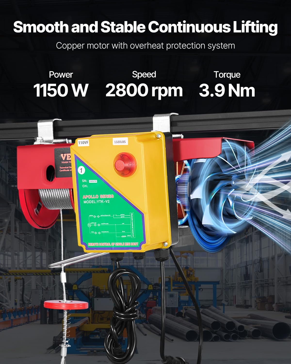 VEVOR 1320lbs Wireless Electric Hoist, 1150W 110V Electric Steel Wire Winch with Wireless Remote Control, 40ft Single Cable Lifting Height & Motor, for Garage Warehouse Factory