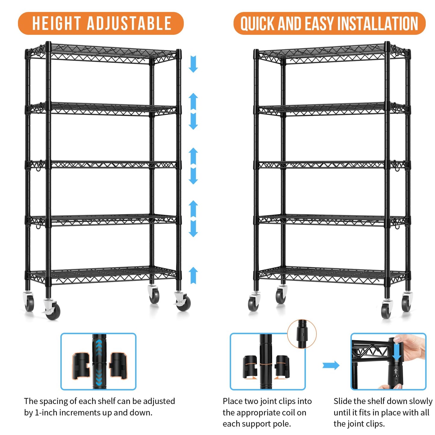 Hodonas Wire Shelving, 1900lbs Capacity 5 Tier Heavy Duty NSF Wire Shelf with Rolling Wheels Black Metal Storage Shelves Adjustable Wire Rack Unit 36"W x 14"D x 72"H for Kitchen Bathroom Garage Closet
