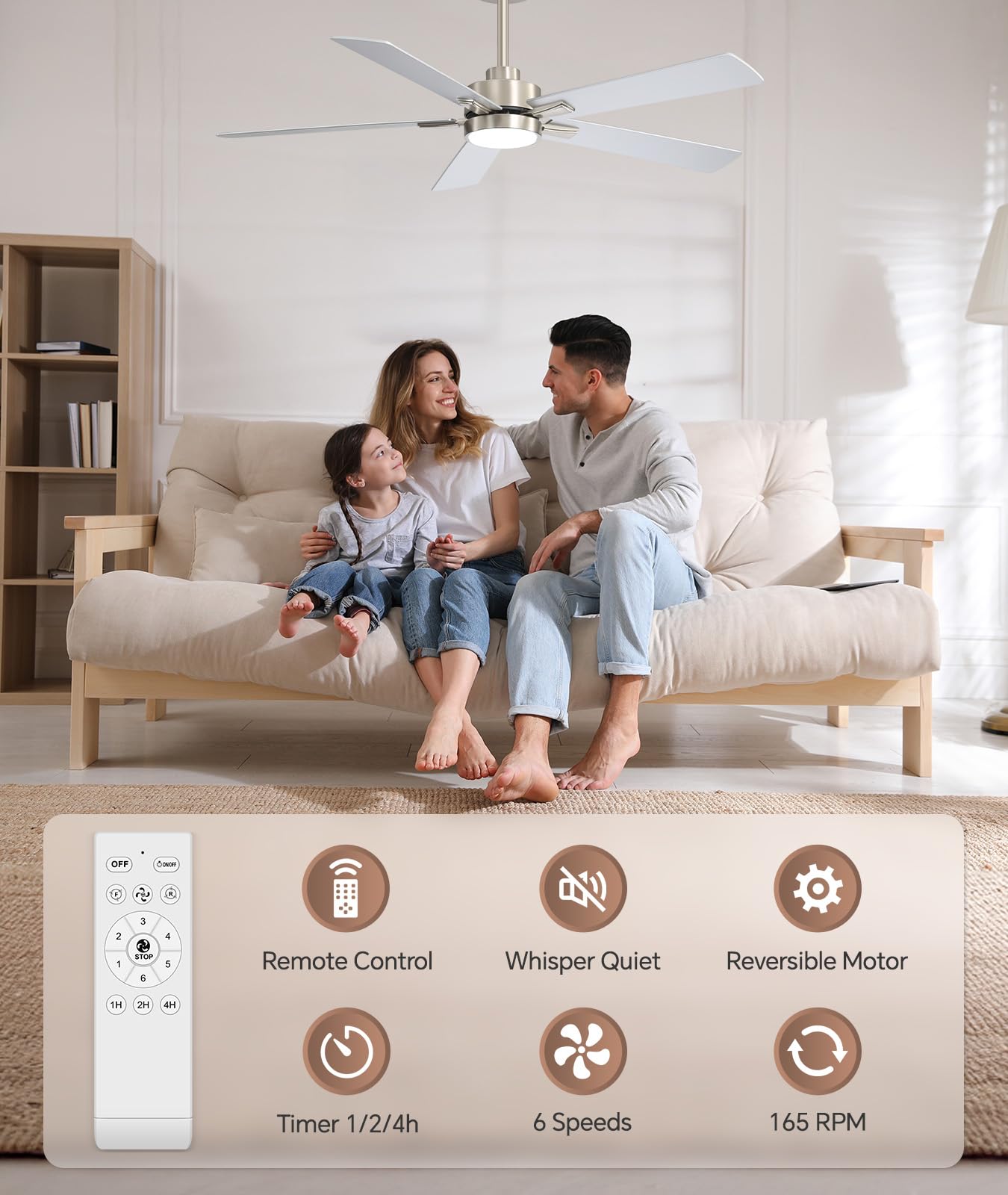 ZYD 52 Inch Brushed Nickel Ceiling Fan, Downrod Mount Brushed Nickel Ceiling Fan DC Motor 6-Speed Reversible, Quiet Ceiling Fans with Lights and Remote for Bedroom, Indoor & Covered Outdoor