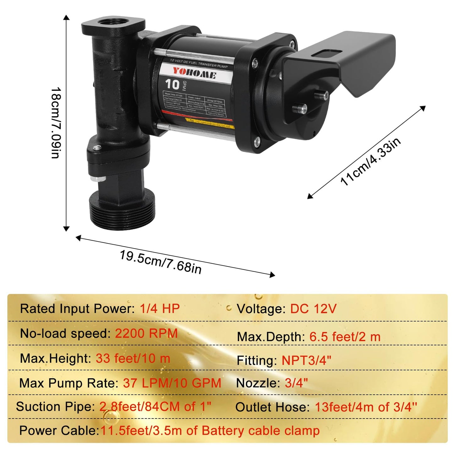 YOHOME 12V 10 GPM Fuel Transfer Pump with Discharge Hose & Manual Nozzle, Gasoline, Diesel, Kerosene & Biodiesel