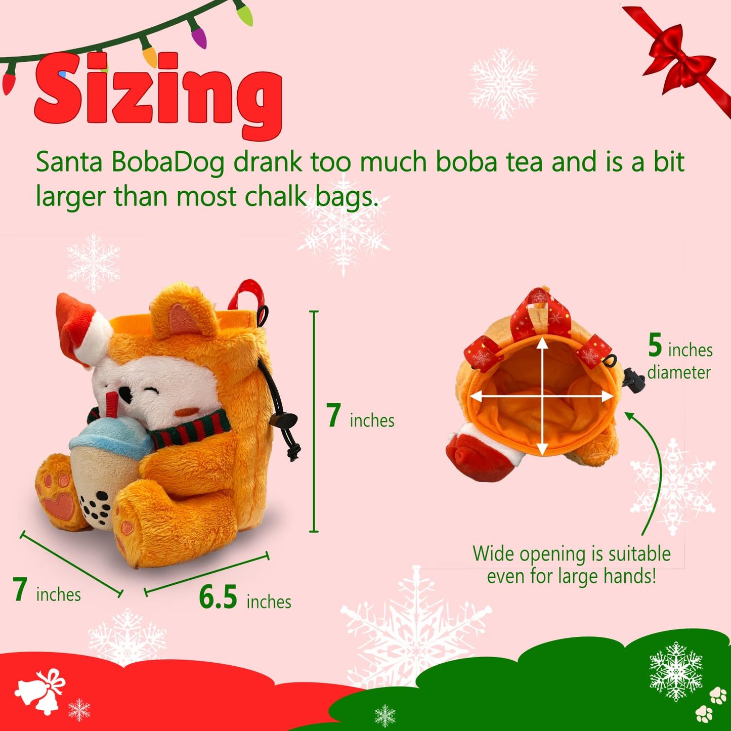 Rock Climbing Chalk Bag + Refillable Ball – Boba Dog Plush Animal Bag (Christmas Bag + Chalk) | Christmas | Santa