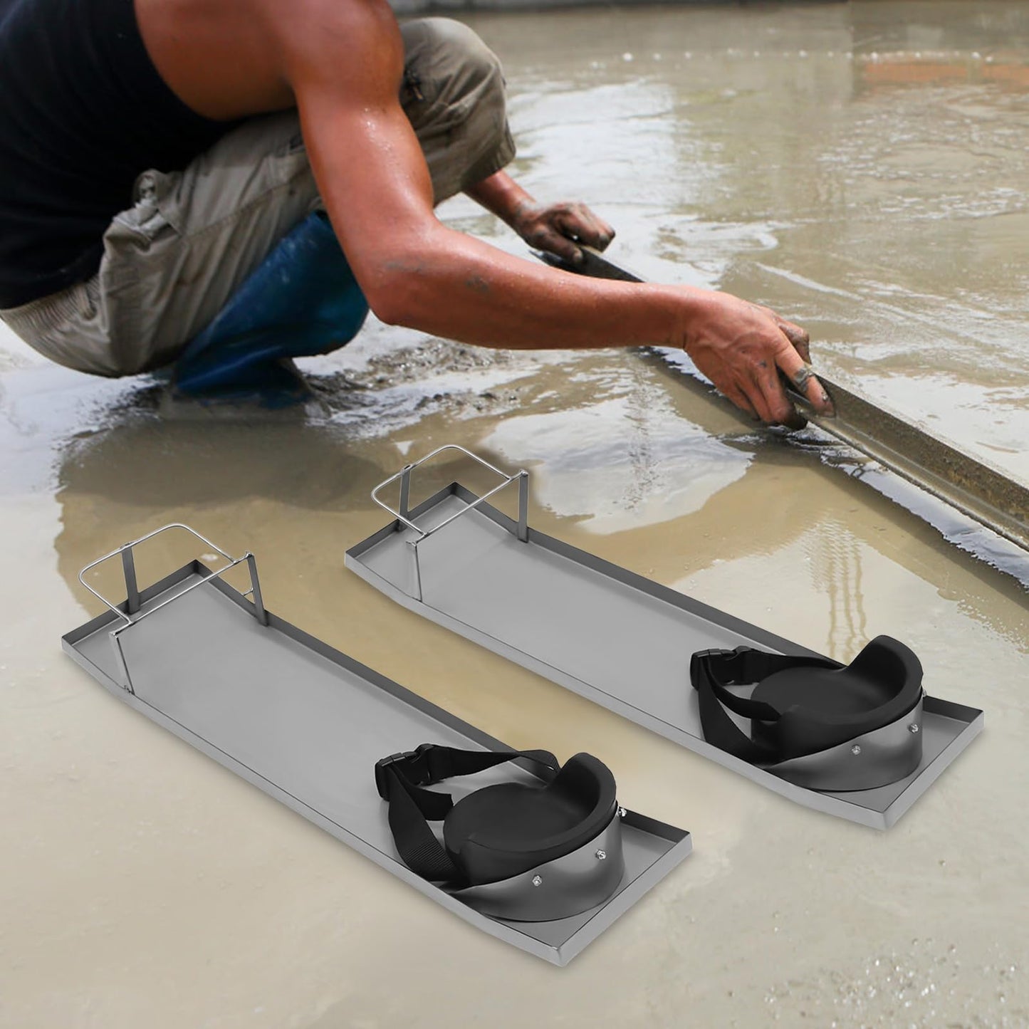 30'' x 8''Concrete Knee Boards, Stainless Steel Slider Knee Boards, Concrete Board Moving Slider Tools w/Concrete Knee Pads and Board Straps for Concrete Finishing