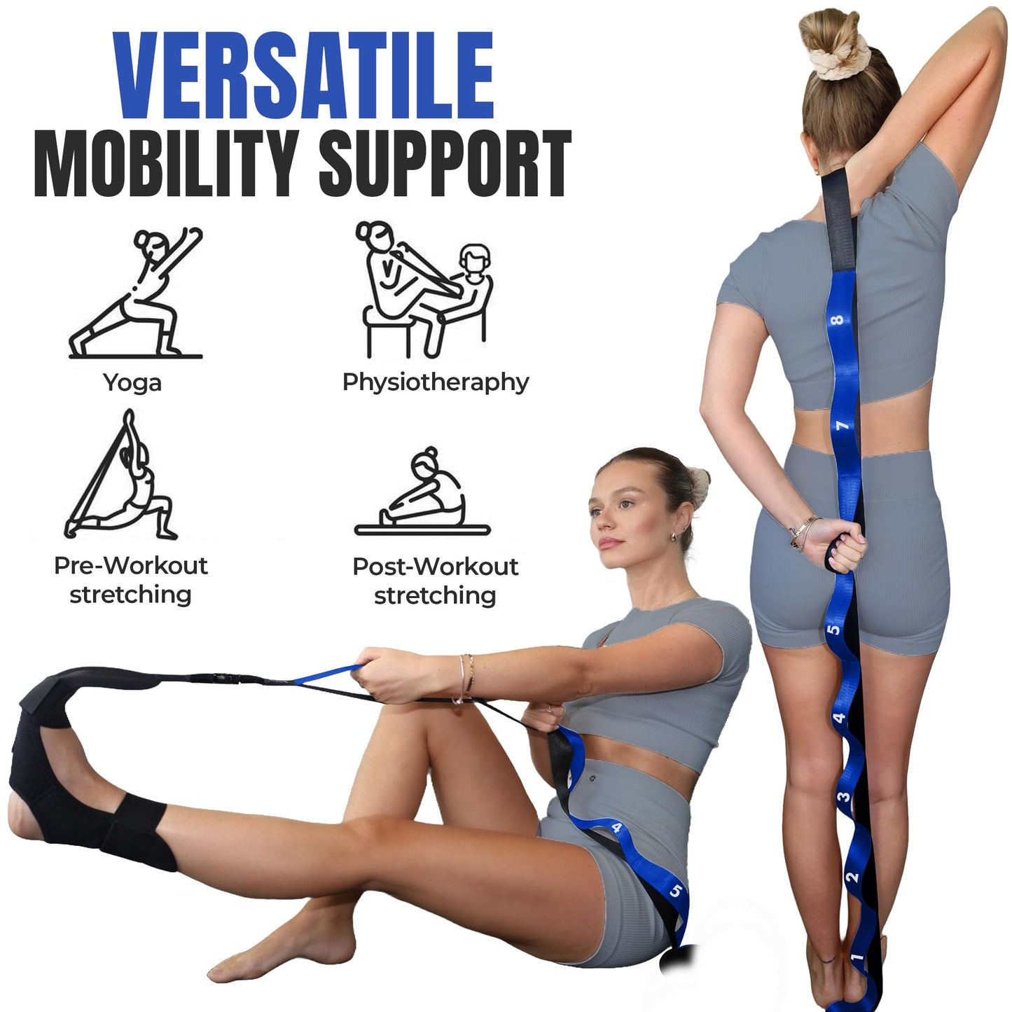 Stretch Strap with Loops Physical Therapy - Full Body Exercise Straps for Stretching with Detachable Foot - Leg & Calf Stretcher for Plantar Fasciitis, Physical Therapy, Pain Relief, and Flexibility