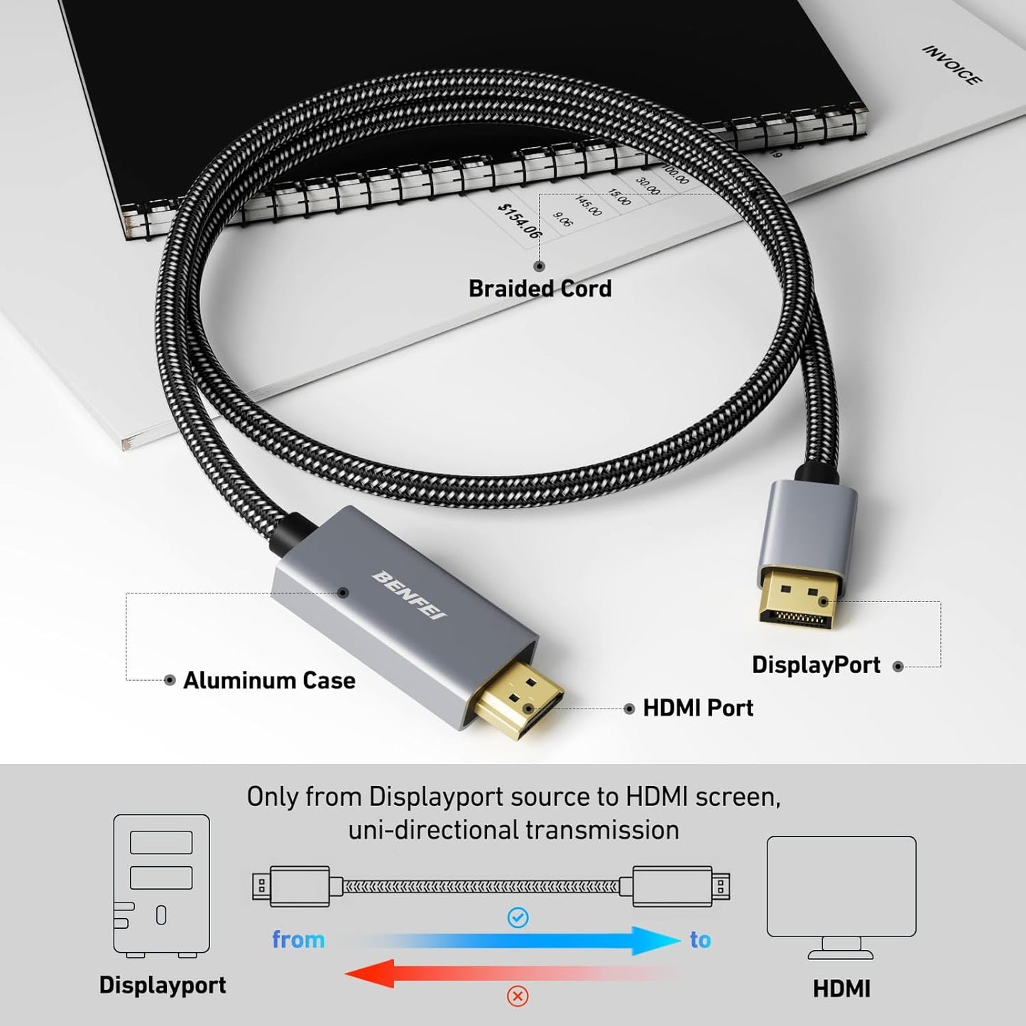 4K 6 1.2 1.4 BENFEI DisplayPort to HDMI Feet Cable[Aluminum Shell, Nylon Braided], Uni-Directional DP Computer to HDMI
