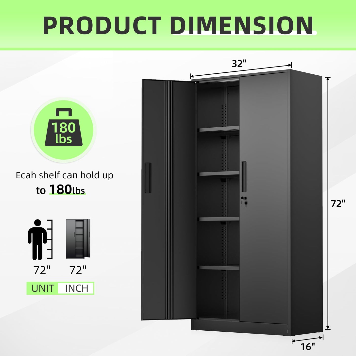 INTERGREAT Black Metal Storage Cabinet, 72" Locking Steel Cabinets with 2 Door and 4 Adjustable Shelves, Tall Metal Cabinet for Home Office, Garage, Warehouse