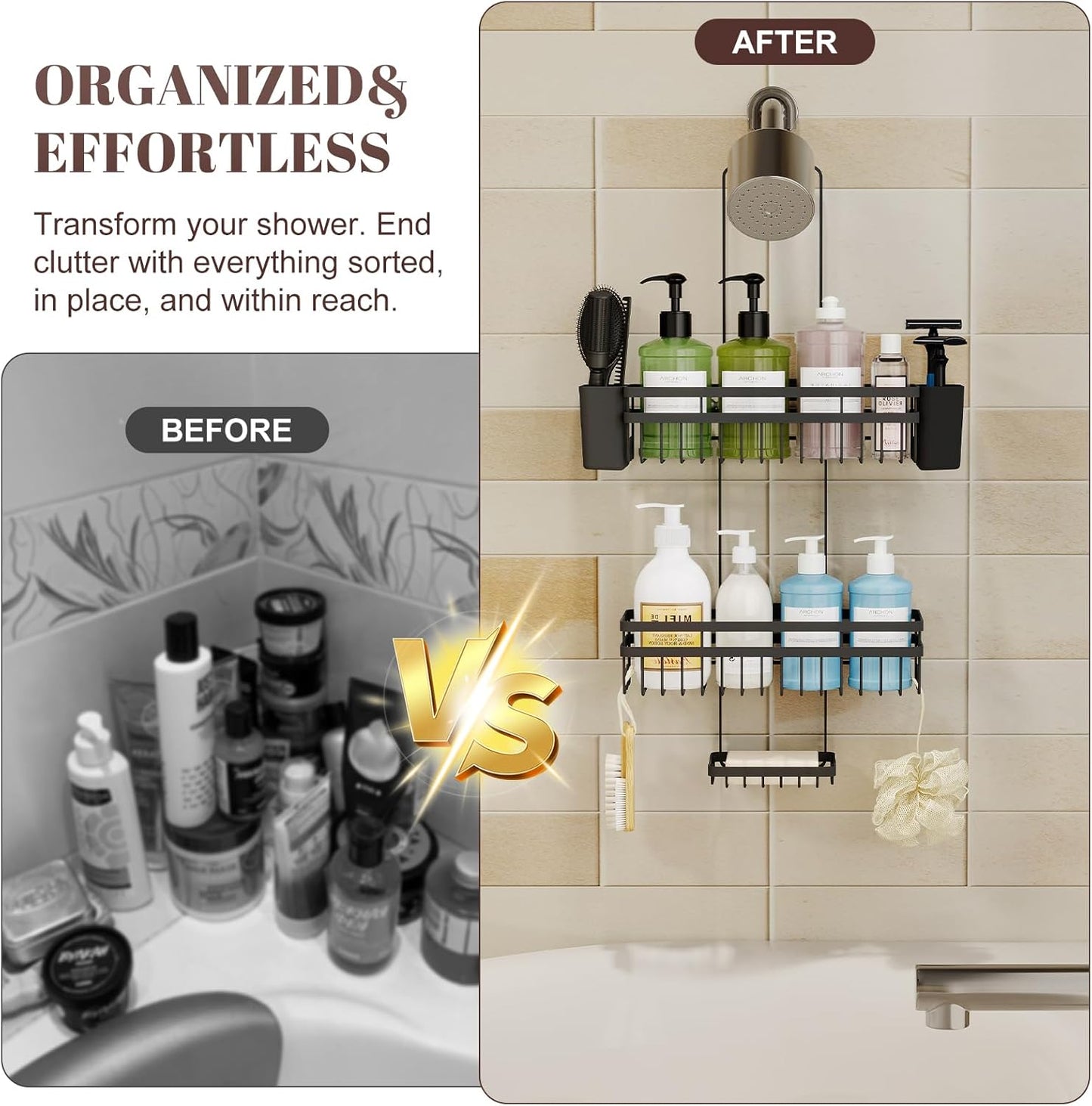 Shower Caddy - 3 Tier Adjustable Bathroom Organizer with Heavy-Duty Suction Cups | Rustproof Black