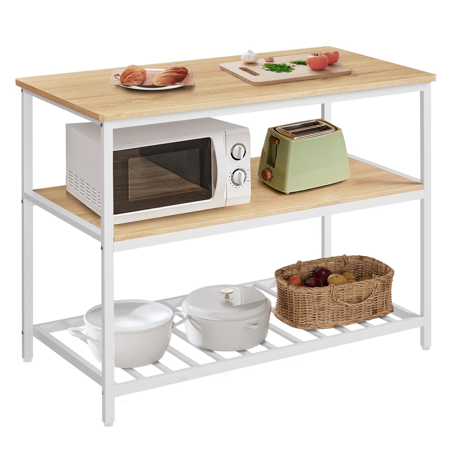 VASAGLE Kitchen Island with 3 Shelves, 47.2 Inches Width Kitchen Shelf with Large Worktop, Stable Steel Structure, Industrial, Easy to Assemble, Oak Color and White UKKI001W09