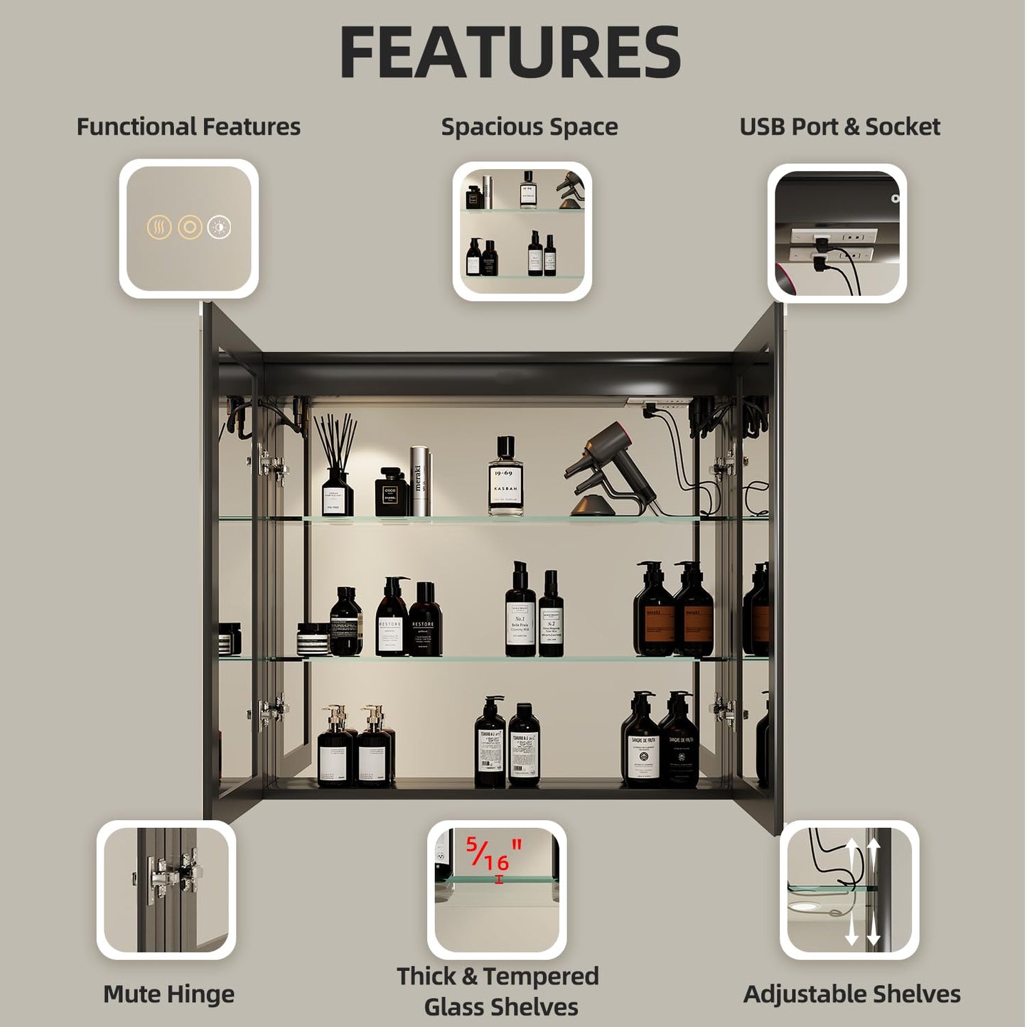 Buruis 40 x 32 Inch Medicine Cabinet with LED Lights and Mirror, Recessed/Wall Mounted Bathroom Cabinet, 3-Color Light, Defogger, Memory Function, Outlet & USB, Dimmer, Black