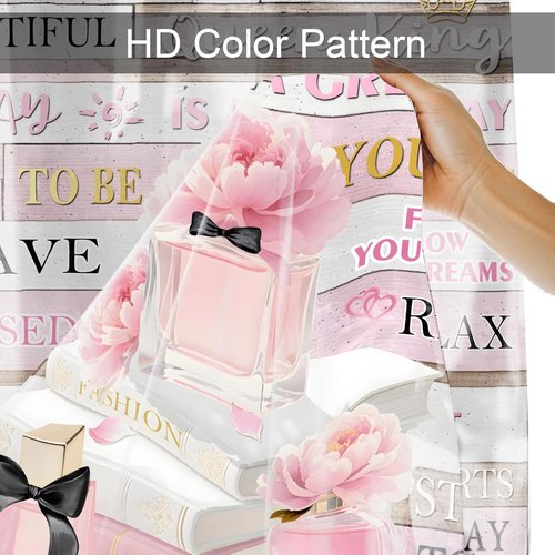 AZHM Shower Curtain Set - Pink Floral Design with Inspirational Quotes | 4-Piece Bathroom Decor