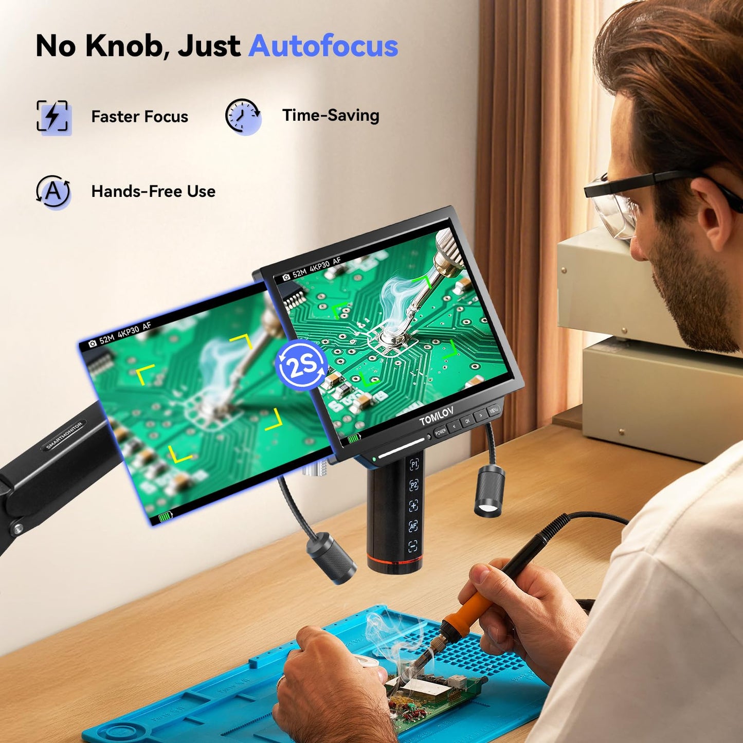 TOMLOV Autofocus 4K Digital Microscope: 8" TM4K-AF Flex Arm HDMI Micro Soldering Microscopes for Adults, Side Lights Coin Microscope, 52MP LCD Microscopes with Screen, Electronics Repair Mat,16GB