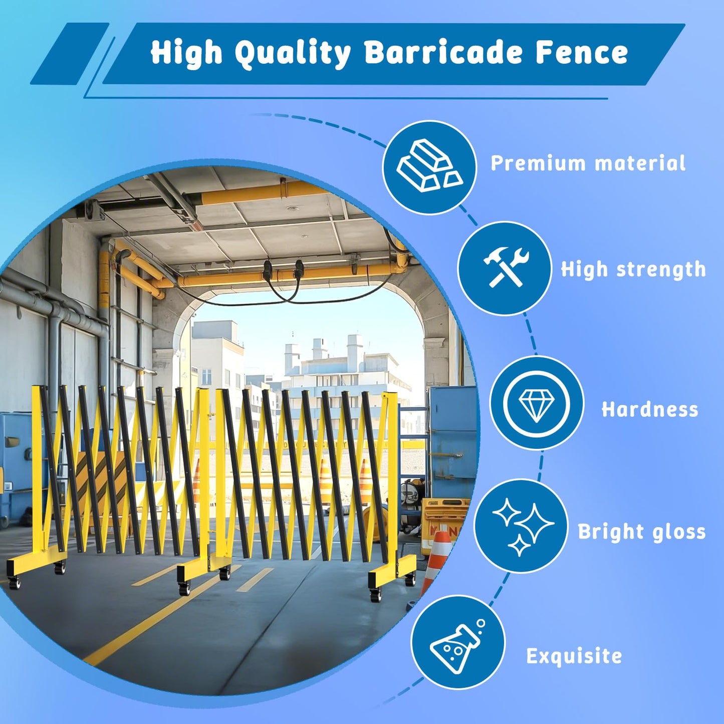 23 FT Industrial Expandable Barricade, Folding Security Gate with Wheels, Retractable Driveway Gate, Adjustable Traffic Fence for Construction Site, Traffic Control, Cordon, Elevator, Garage