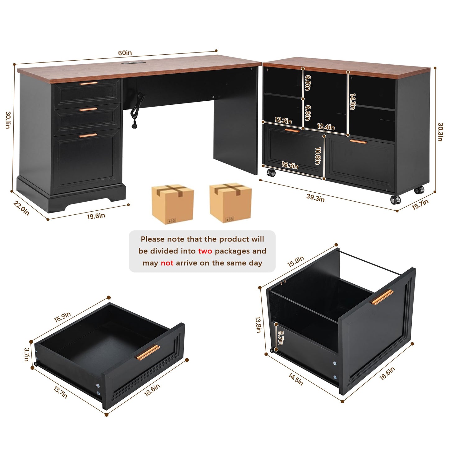 Zethvax 60" Farmhouse Executive Desk and 40" Mobile File Cabinet Combination,L Shaped Executive Desk with Charging Station,Home Office Desk for Office Work,Home Study