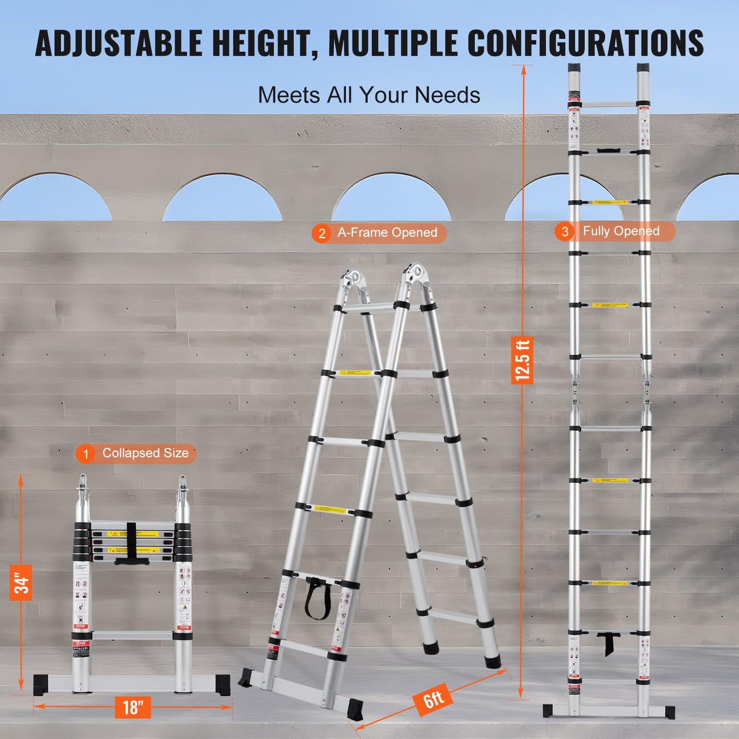 VEVOR 12.5FT Aluminum Telescoping A-Shape Extension Ladder, 375 LBS Capacity Lightweight, Multi-Button Retraction Collapsible Multi-Purpose Ladder with Stabilizer Bar for RV & Camper