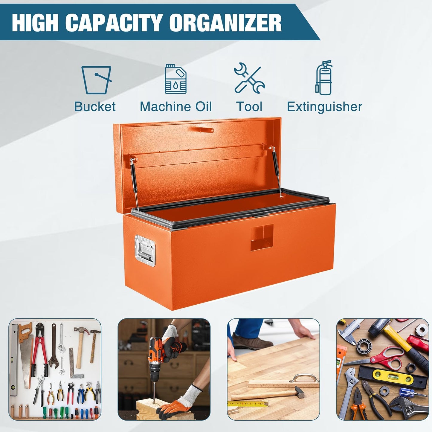 OUTLANE 15"X15"X24" Heavy Duty Steel Truck Bed Tool Box, Lockable Weatherproof Storage Organizer for Pickup, RV, Utility Trailer, Trailer Tongue & Jobsite, Powder-Coated Chest - Orange