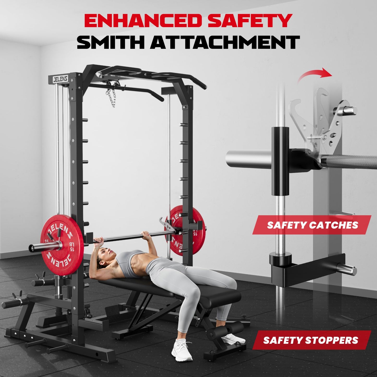JELENS SR01 Smith Machine, 2000LBS Multi-Function Power Cage with LAT Pulldown System, All-in-One Home Gym Squat Rack with Smith Bar and Training Attachments (Black, SR01 Smith Machine)