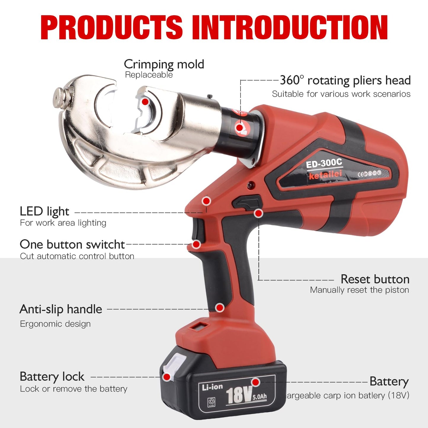 ketailei 6 Ton Electric Hydraulic Crimper, Easy-Open Design for Quick Operation, 65KN Force & Dual 18V/5Ah Batteries, 12 American Standard Dies (6AWG-600MCM)（ED-300C）