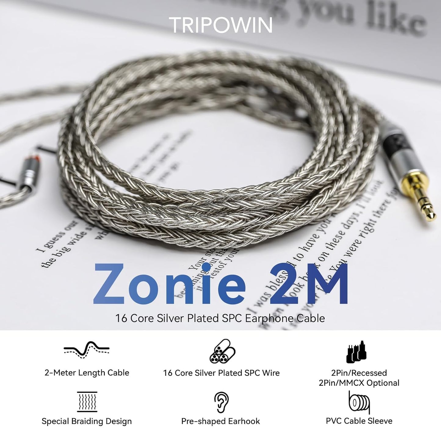 2m 16 2Pin) Linsoul Tripowin Zonie IEM Cable, Long Earbud Cord, Core Silver Plated Earphone Cable, in Ear Monitor Wire