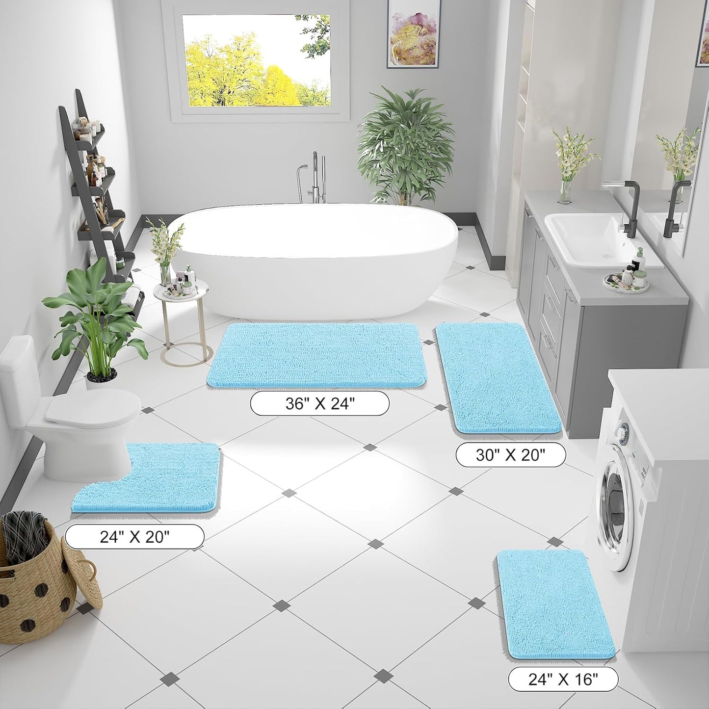 OLANLY Bath Rugs - Extra Soft Chenille, Quick Dry & Absorbent | 24x16 Sky Blue Machine Washable Mats